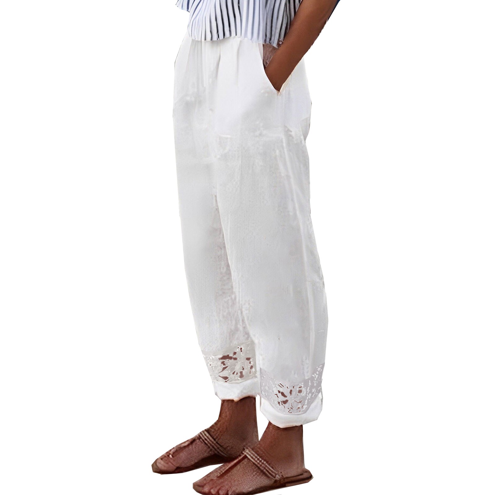 thumbnail image 2 of Pantalones cortos de algodón y lino con cintura elástica para mujer: pantalones holgados bordados para el ocio veraniego, 2 of 2